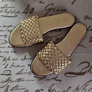 J. Crew Woven Gold Slides Sz 10.5